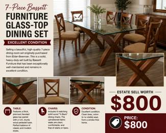 Here's a short, estate sale-friendly description: **Beautiful 7-piece Bassett dining set in excellent condition. Features a thick beveled glass top, solid wood X-base, and six matching upholstered X-back chairs. Heavy, high-quality furniture from a smoke-free home. Estate sale price: $800.**