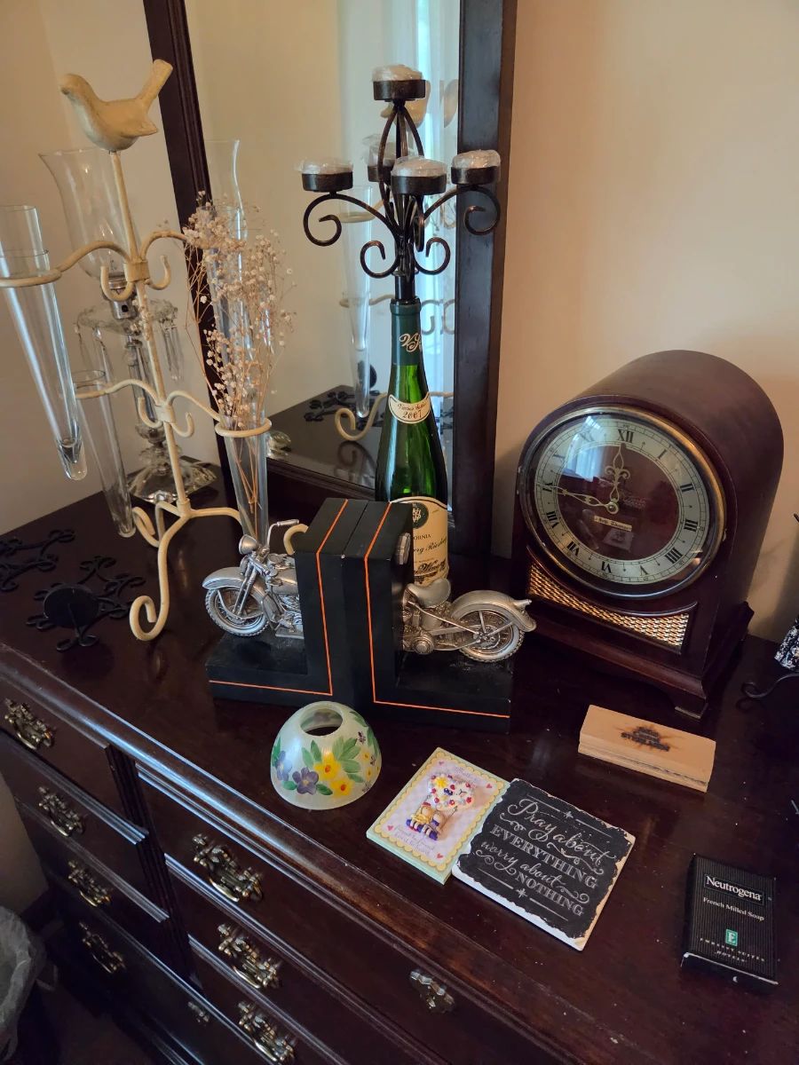 Antique clock, book ends, iron flower vases