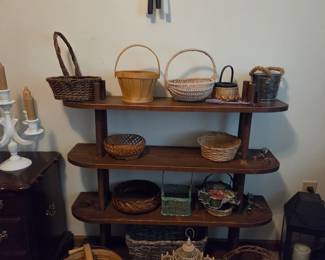 Vintage baskets and wooden shelf