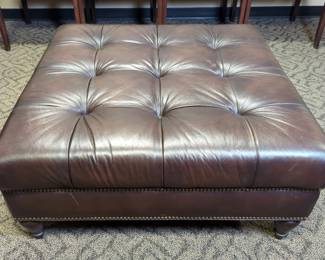 Tufted Brown Leather Ottoman With Nailhead Trim