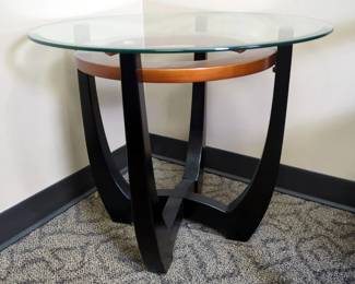 Round Glass Top Side Table With Wood And Black Metal Base
