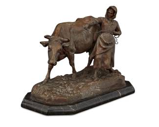 1033 Charles Valton (1851-1918) "Milk Maiden with Calf" Patinated bronze on marble plinth Signed in the casting: C. VALTON Bronze: 9.75" H x 14.25" W x 6.375" D; Overall: 10.875" H x 15" W x 7.75" D Estimate: $400 - $600