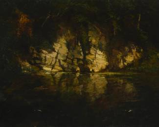 1094 Alfred Theodore Joseph Bastien (1873-1955) Lakeside view with rock wall Oil on canvas laid to canvas Signed lower left: A. Bastien 32 1/2 x 47 1/2in Estimate: $600 - $800