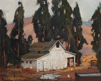 1383 Douglas Shively (1896-1991) Barn in a eucalyptus landscape, 1976 Oil on board Signed and dated lower left: Douglas / Shively / 1976 16 x 20in Estimate: $800 - $1,200