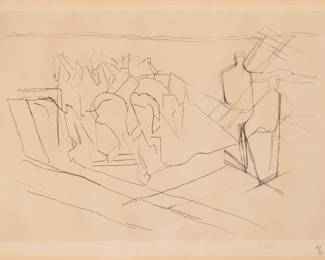 1048 Jacques Villon (1875-1963) One plate (untitled), from the book by Henri Pichette, "Dents de lait, dents du loup" (Baby Teeth, Wolf 'sTeeth), 1959 Etching and drypoint on paper Edition: 11/60 (the total edition was 211) Signed in pencil in the lower margin: Jacques Villon; numbered in pencil in the lower margin, possibly in another hand; Georges Leblanc, prntr.; Pierre de Tartas, Paris, pub., with their blindstamp Plate: 12 1/4 x 19 7/8in; Sight: 14 x 20in Estimate: $200 - $400