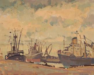 1065 Fritz Kocher (1904-1973) "Long Beach Harbor" Oil on textured board Signed lower right: F. Kocher; signed and titled verso: Fritz Kocher 18 1/4 x 22 1/4in Estimate: $500 - $700
