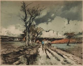 1381 Ferdinand-Jean Luigini (1870-1943) Figure and horse cart in a French landscape, 1926 Etching and aquatint in colors on paper From the edition of unknown size Signed and inscribed "321" in pencil in the blank of the lower plate corners: FJ Luigini; L'Estampe Moderne, Paris, France, pub., with their blindstamp in the lower margin and their copyright and date printed in the blank of the plate along the upper edge, at left Plate: 19 x 23 3/4in; Sight: 23 1/2 x 28in Estimate: $100 - $200