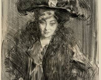 1050 Albert Belleroche (1864-1944) "Mrs. Millbank with a Plumed Hat," circa 1905 Lithograph on paper From the edition of 15 Appears unsigned; titled, dated, and inscribed "Ref. Lg book 492," in pencil, in another hand on cardstock paper affixed to the frame's backing paper Image: 21 x 16 3/4in; Sight: 21 1/2 x 17 1/2in Estimate: $300 - $500