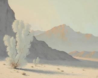 1216 Nick Pasko (20th Century) Desert landscape Oil on Masonite With the incised signature lower right: Nick Pasko 18 x 24in Estimate: $200 - $300