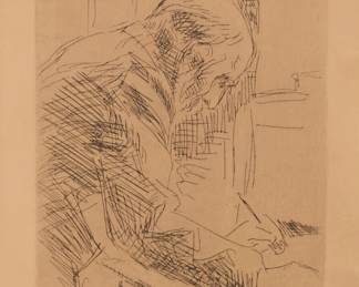 1049 Pierre Bonnard (1867-1947) "Le Graveur," (also known as "Le Bonne Graveur"), circa 1930 Etching on laid paper From the edition of unknown size Unsigned as issued; inscribed with the artist's name and "Eau-forte originale," all in pencil on the overmat in another hand Plate: 7 3/4 x 4 3/4in; Sight: 9 x 5 3/4in Estimate: $200 - $300