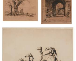 1235 Kerr Eby (1889-1946) Three works: "The Goat Herd, Algeria," 1922 Etching on paper Signed and inscribed in pencil in the lower margin: Kerr Eby imp. Plate: 5 1/2 x 6 1/2in; Sight: 6 1/4 x 7 3/8in "Rue Dominique Conte," 1923 Etching on paper From the edition of unknown size Signed and inscribed in pencil in the lower margin: Kerr Eby imp. Plate: 7 3/8 x 5 3/4in; Sight: 8 x 6 1/4in "Desert Freight," 1928 Drypoint on paper From the edition of 75 Signed and inscribed in pencil in the lower margin: Kerr Eby imp. Plate: 9 x 14in; Sight: 9 1/2 x 14 1/2in Estimate: $300 - $500