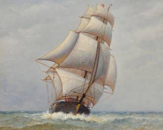 1058 James Gale Tyler (1855-1931) "Carry My Sail" Oil on canvas Signed lower right: James G. Tyler; titled in pencil on the stretcher and inscribed in pencil "45" verso 22 1/4 x 18in Estimate: $800 - $1,200