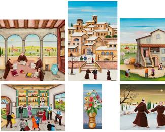 1415 Emilio Giunchi (Zenone) (b. 1936) Six works: "La Lettura," 2009 Oil on panel Signed lower right: Zenone; signed again, titled, dated, and inscribed, all verso Sight: 11 1/2 x 15 1/2in City-view with figures Oil on panel Signed lower right: Zenone Sight: 19 1/8 x 11 3/4in Farming, 2009 Oil on panel Signed lower right: Zenone; signed again, dated, titled indistinctly, and inscribed, all verso Sight: 15 1/2 x 15 1/2in "Arezzo, Italy," 2014 Oil on panel Signed lower right: Zenone; signed again, titled, dated, and inscribed in Italian, all verso Sight: 11 3/8 x 15 3/8in Floral still life Oil on panel Signed lower right: Zenone; dated and inscribed in Italian in black pen and with the artist's business card, all verso Sight: 7 1/2 x 3 5/8in Two skating monks Oil on panel Signed lower right: Zenone Sight: 11 1/4 x 15in Estimate: $200 - $300