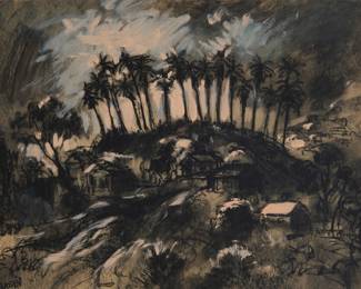 1174 Alex Ignatiev (1913-1995) "Hill in Hollywood with Palm Trees" (Near Hollywood Bowl) Tempera and black chalk on board Signed lower left: Ignatiev; titled on a photocopy of the verso affixed to the frame's backing paper Sight: 18 1/2 x 24 1/2in Estimate: $500 - $700