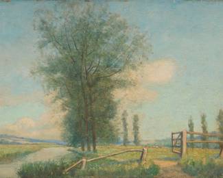 1200 Charles John Stokoe (1873-1926) "Black Poplars" (Dedham, Suffolk), circa 1910 Oil on board Signed lower right: CJ Stokoe; titled verso; titled two more times, and dated, on the frame's backing paper, in another hand, and on a gallery label 11 x 15in Estimate: $150 - $250