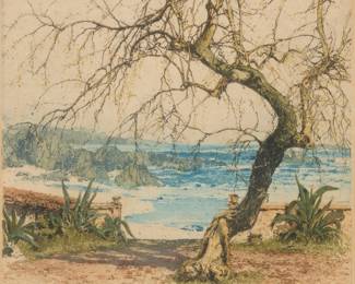 1236 Luigi Kasimir (1881-1962) "Golden Gate" Etching and aquatint in colors on paper From the edition of unknown size Signed in pencil near the center of the lower margin: Luigi Kasimir; titled on a typewritten label affixed to the frame's backing paper. Plate: 11 1/2 x 12 1/4in; Sight: 12 x 12 1/2in Estimate: $300 - $500