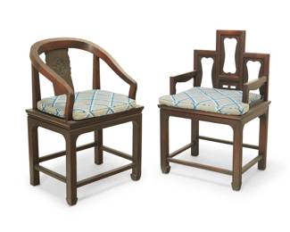 1311 Two Modern chinoiserie hardwood chairs 1963 Each with burn marked signature and date to underside: R. Westcott / Maker Comprising one horseshoe chair and one with a stepped back, each with fabric upholstered seat cushion 2 pieces Horseshoe: 35.75" H x 23" W x 22" D; Stepped: 38" H x 23.75" W x 20" D Estimate: $200 - $300