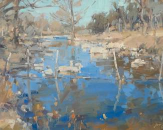 1392 Jill Carver (b. 1968) "Rejuvenation" Oil on canvasboard With incised signature lower right: Jill Carver; signed "Jill Carver ©" and titled verso 12 x 20in Estimate: $400 - $600