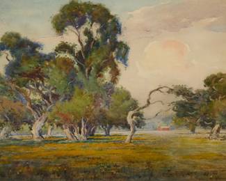 1144 Harry Victor Law (1868-1941) A Landscape with Eucalyptus Trees Watercolor on paper Signed lower right: H.V. Law Sight: 12 x 16in Estimate: $1,000 - $2,000