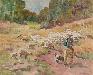 1243 Charles Arthur Fries (1854-1940) "Hillside Pasture," 1925 Oil on canvas Signed lower right: C.A. Fries; titled and numbered "#1183" verso 9 1/8 x 10 3/4in Estimate: $800 - $1,200