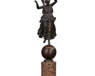 1056 A patinated bronze of Winged Victory of Samothrace 20th century Unmarked On a marble and bronze plinth Overall: 20.125" H x 4.5" W x 5.75" D Estimate: $300 - $500