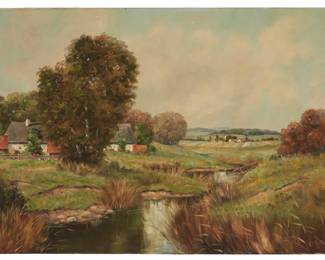 1380 Josef Krotter (b. 1894) Farm in a pastoral landscape Oil on canvas Signed lower right: Krotter; with the copyright ink stamp of The W. T. Burger Co., verso 27 3/4 x 39in Estimate: $100 - $200