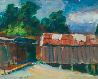 1219 Louis Siegriest (1899-1989) "Chinese Camp #2," 1978 Oil on canvas Signed, titled, and dated in pencil on the stretcher: Siegriest 1978 12 x 16in Estimate: $500 - $700