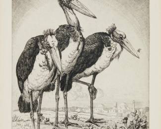1229 Cornelis Botke (1887-1954) "Marabou Storks" Etching on paper Edition: 13/50 (2nd edition), printed later Estate signed and indistinctly initialed by the artist's son, William "Bill" Botke, in pencil in the lower margin: Cornelis Botke / WB; also titled, inscribed and numbered,"2nd Ed 13/50," in pencil in the lower margin; produced by Cornelis Botke's granddaughter Plate: 10 1/4 x 9in; Sight: 11 3/4 x 10 5/8in Estimate: $300 - $500
