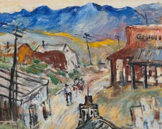 1196 Attributed to Otto Schneider (1865-1950) Western town, circa 1920s Oil on canvas Unsigned; inscribed and dated in ink, in another hand on the stretcher: "Artist - Otto Schneider / San Diego County / 1920s" 13 x 16in Estimate: $500 - $700