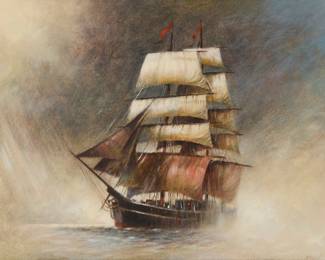 1066 John Kelly (b. 1939) Clipper ship at sea Watercolor and gouache on board Signed lower right: J Kelly Sight: 13 3/4 x 18 1/2in Estimate: $400 - $600