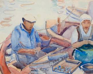 1072 Donna Schuster (1883-1953) Two figures on a boat Watercolor on paper Stamped signature lower center: Donna Schuster Sight: 11 3/4 x 16 3/4in Estimate: $500 - $700