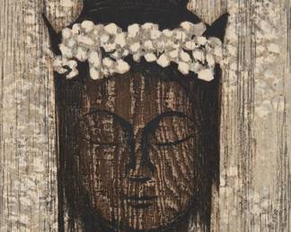 1326 Kaoru Kawano (1916-1965) "Buddha with Flower" Woodblock print on paper From the edition of 300 Signed with the artist's red in chopmark lower right: Kaoru Kawano; signed in Japanese and titled on a label affixed to the frame's backing paper Sight: 21 3/4 x 14 3/4in Estimate: $300 - $500