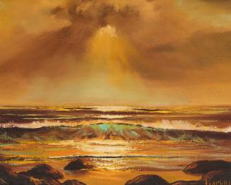 1026 Violet Parkhurst (1921-2008) Seascape Oil on canvas Signed lower right: Parkhurst; inscribed in ink "P.O.C. #341" on the stretcher, possibly in another hand, with the artist's copyright ink stamp, verso 8 x 10in Estimate: $200 - $300