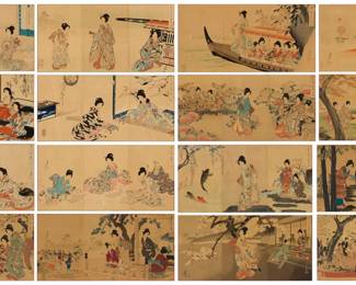 1352 Yoshu (Hashimoto) Chikanobu (1838-1912) Sixteen scenes from the "Chiyoda Castle" (Album of Women) series, circa 1895 Each scene comprised of three related woodcuts in colors on paper joined together as a triptych Sixteen works: Each woodcut from the edition of unknown size and date Each triptych with various black and/or red ink inscriptions and/or chopmarks in Japanese along their outermost vertical edges 7 pieces Sight of each joined triptych: 13 1/2 x 27 1/2in Estimate: $250 - $350