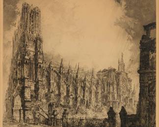 1036 Louis Orr (1879-1966) "La Cathedrale de Reims - Cote Sud et Ruines du Palais de l'Archeveche," (Rheims Cathedral and Ruins of Archbishop's Palace), 1917 Etching on paper From the edition of unknown size With the artist's signature, "Rheims," and "1917" all etched in the lower left corner of the image; the titled etched in French, below the image, within the blank of the plate Sight of plate: 26 3/4 x 21 1/4in; Sight: 27 x 21 3/4in Estimate: $300 - $500