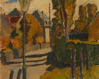 1382 In the manner of Clayton Sumner Price (1874-1950) A small town street scene Oil on board laid to foam board Appears unsigned 26 x 24 1/8in Estimate: $1,000 - $2,000