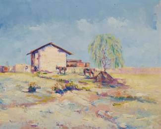 1412 In the manner of Karoly Ferenczy (1862-1917) Farm with grazing donkeys Oil on canvas Bears signature lower right: Ferenczy 13 1/4 x 15 1/4in Estimate: $600 - $800