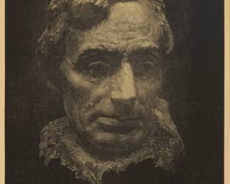 1047 Howard McCormic (1875-1943) "Lincoln," after the 1908 sculpture by Gutzon Borglum (1867-1941), 1909 Wood engraving on tissue-thin paper From the edition of unknown size Signed in pencil by both the sculptor and the wood engraver (as well as dated by the latter), in the lower margin at left and right, respectively: Gutzon Borglum / Howard McCormic / 1909; with the printed text in the lower corners of the image: "Copyright 1909 by Gutzon Borglum ' and "Gutzon Borglum / Lincoln / Engraved by / Howard McCormic" Image: 11 3/4 x 9 1/8in; Sight: 12 1/2 x 9 3/4in Estimate: $300 - $500