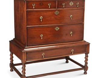 1119 A William & Mary style walnut chest on stand 20th century The chest with inlaid accents and four locking drawers with brass hardware, the stand with a single-drawer, raised on barley twist legs joined by a box stretcher 2 pieces Chest: 24.75" H x 33.5" W x 21.25" D; Stand: 18.25" H x 37.5" W x 22.5" D Estimate: $300 - $500