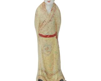 1281 A Chinese Export polychrome porcelain figure of a young scholar Late Qing Dynasty/Republic Period (1644-1949) or later Stamped to underside: CHINA Depicted in a bowing pose with hands clasped behind back 8.375" H x 2.5" W x 3" D Estimate: $400 - $600