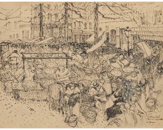 1376 Joseph Raphael (1869-1950) "The Passing Band, Marché St. Caterien" (France) Ink, graphite, and gouache on paper laid to paper Signed and titled in ink lower right: Jos Raphael Image/Sheet: 20 x 27in Estimate: $500 - $700