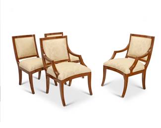 1157 Sally Sirkin Lewis (b. 1932) A set of four mahogany dining chairs for J. Robert Scott, late 20th century With manufacturer's applied label Comprising two armchairs and two side chairs 4 pieces Each armchair: 37.5" H x 24.5" W x 30.5" D; Each side chair: 37" H x 22" W x 28.5" D Estimate: $300 - $500