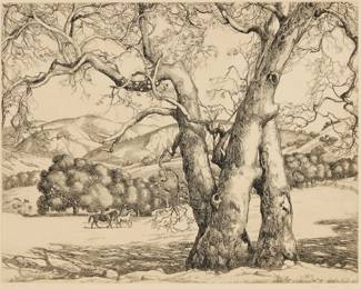 1226 Cornelis Botke (1887-1954) "Ferndale Ranch" Etching on paper Edition: 12/50, presumably printed later Estate signed and initialed by the artist's son, William "Bill" Botke, in pencil in the lower margin: Cornelis Botke / WAB; also titled and numbered in pencil in the lower margin; presumably produced by Cornelis Botke's granddaughter Plate: 12 1/4 x 15 3/4in; Sight: 12 3/4 x 16 1/8in Estimate: $400 - $600