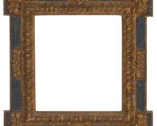 1098 A painted carved wood 'kit kat' frame Carved with copper-toned floral motifs with a black border Rabbet: 13.25 x 12in; Exterior: 19.5 x 18.25 x 2in Estimate: $200 - $400