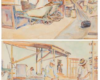 1071 Donna Schuster (1883-1953) Two pieces: "Construction" #1 Watercolor on paper Signed lower left: Donna Schuster Sight: 10 1/4 x 14in Untitled construction scene Watercolor and traces of pencil on paper Signed in pencil lower right: Donna Schuster Sight: 10 1/4 x 14in 2 works Estimate: $500 - $700