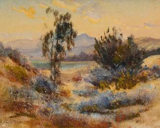 1175 Manuel Valencia (1856-1935) Trees, wildflowers, and mountains Oil on board Signed lower left: M. Valencia; inscribed indistinctly in pencil, verso 9 1/8 x 12in Estimate: $600 - $800