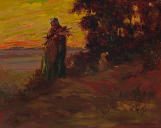 1242 John Christopher Smith (1891-1943) "Gathering Fagots," 1926 Oil on board Signed lower right: J. Christopher Smith; titled and dated "1926" in ink, presumably in another hand, on the frame's backing paper; with an oil sketch of a house in a landscape, verso 8 x 10in Estimate: $1,000 - $1,500