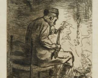 1044 Jozef Israels (1824-1911) "The Smoker," 1882 Etching and drypoint on wove paper From the edition of unknown size Signed in pencil in the lower margin, at right: Jozef Israels; Arnold & Cripp, Paris, pub., and with their printed name along the center of the lower margin Plate: 14 3/4 x 10in; Sight: 16 1/2 x 11 3/4in Estimate: $400 - $600
