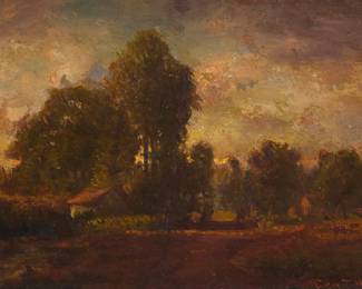 1136 George Thompson Hobbs (1846-1929) Barbizon landscape Oil on canvas laid to canvas Signed lower right: Geo. T. Hobbs 5 1/2 x 7 1/2in Estimate: $300 - $500