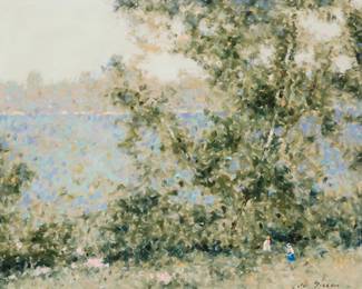 1096 Andre Gisson (1921-2003) Landscape with figures Oil on canvas Signed lower right: A. Gisson; inscribed "44795," presumably in another hand, and with the artist's copyright stamp, all verso 16 x 20in Estimate: $400 - $600